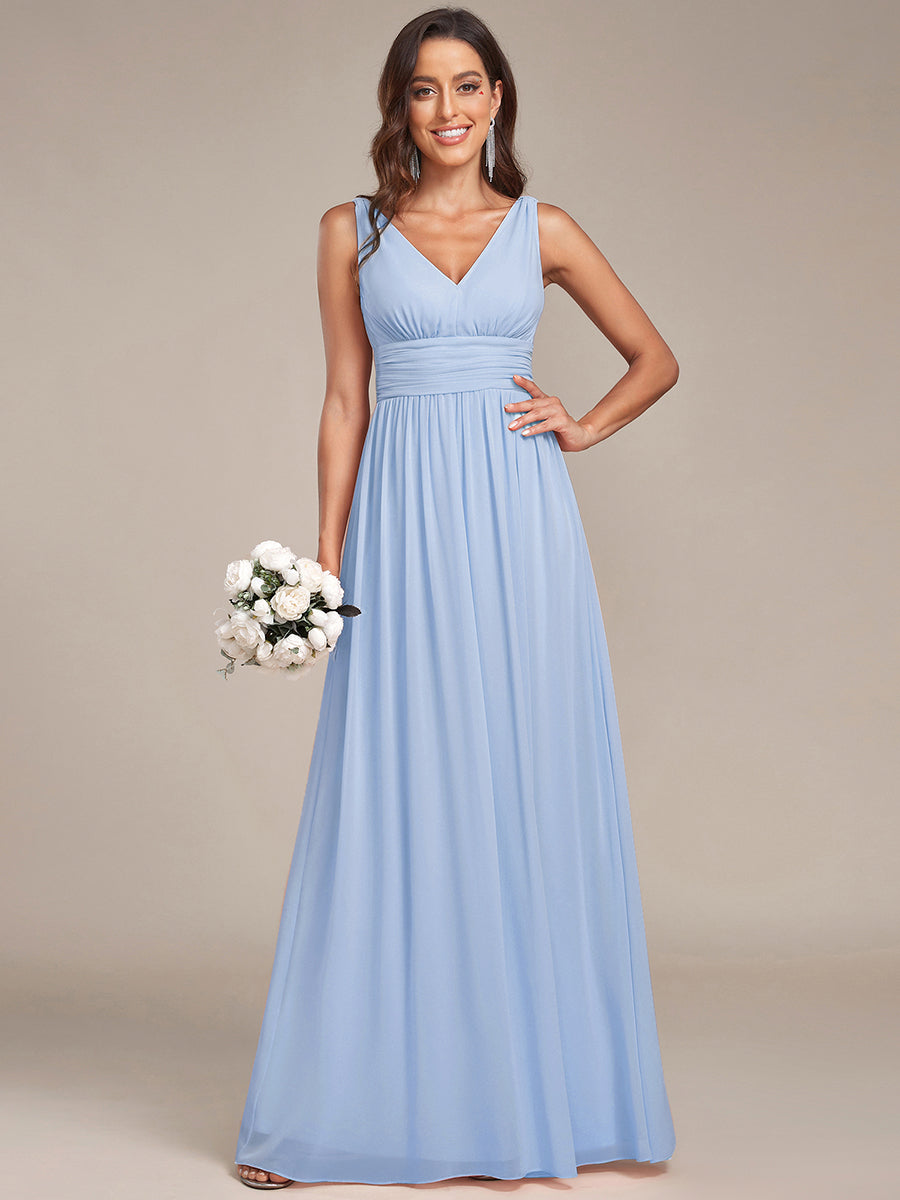 Chiffon Empire Waist Sleeveless Pleated V-neck Bridesmaid Dress #color_Ice Blue