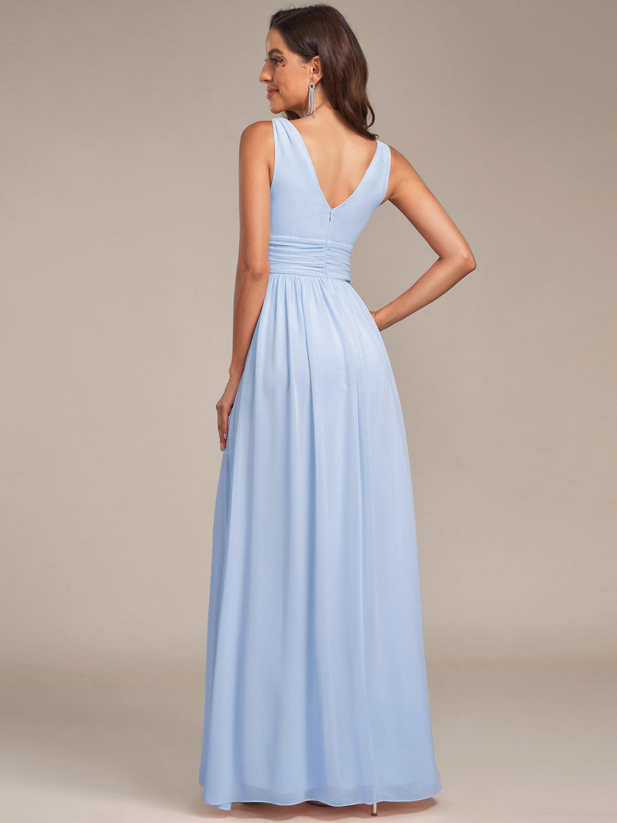 Chiffon Empire Waist Sleeveless Pleated V-neck Bridesmaid Dress #color_Ice Blue