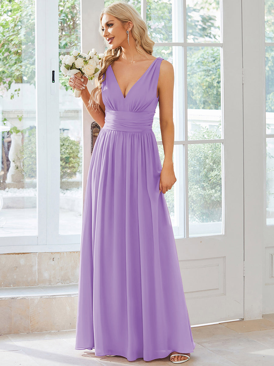 Chiffon Empire Waist Sleeveless Pleated V-neck Bridesmaid Dress #color_Lavender