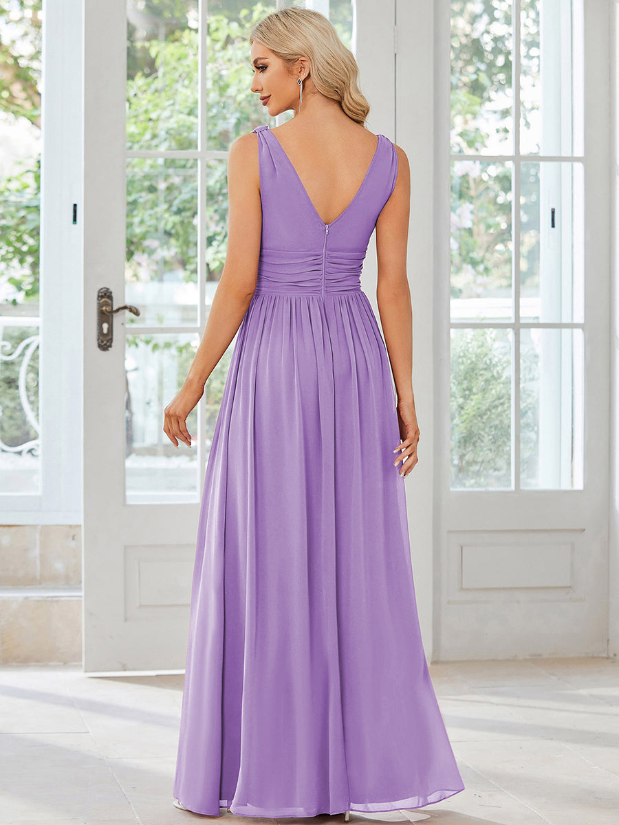 Chiffon Empire Waist Sleeveless Pleated V-neck Bridesmaid Dress #color_Lavender