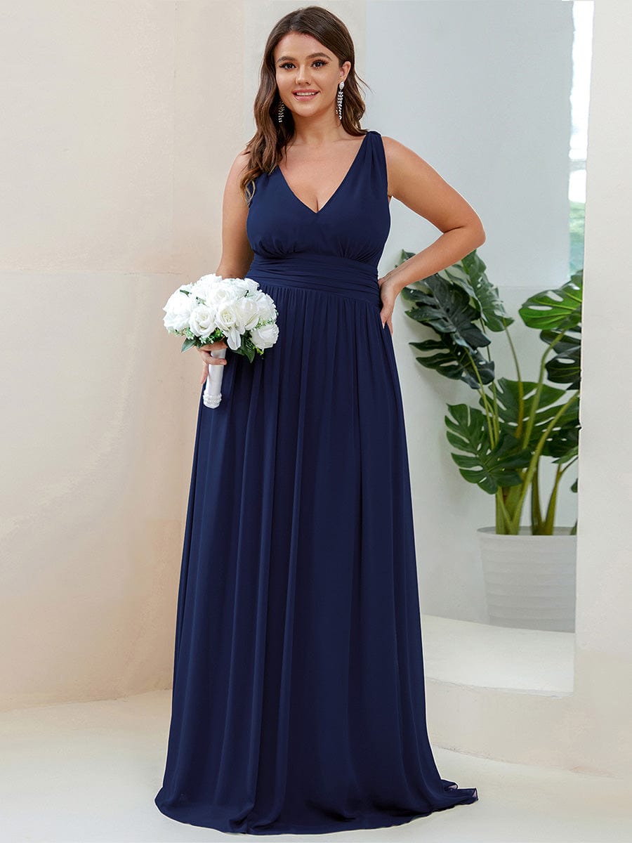 Chiffon Empire Waist Sleeveless Pleated Bridesmaid Dress #color_Navy Blue