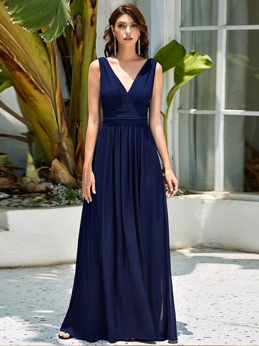 Chiffon Empire Waist Sleeveless Pleated Bridesmaid Dress #color_Navy Blue