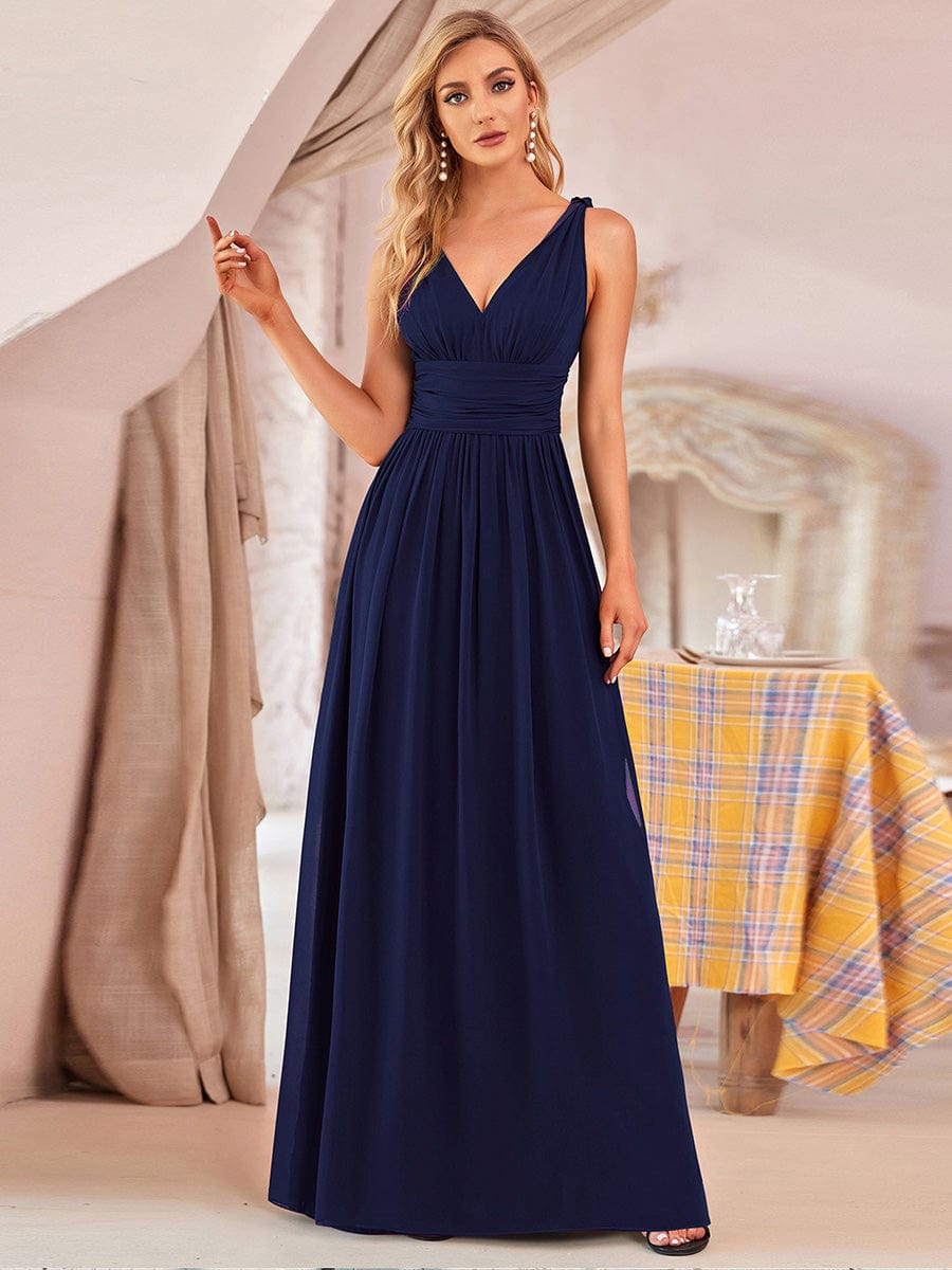 Chiffon Empire Waist Sleeveless Pleated Bridesmaid Dress #color_Navy Blue