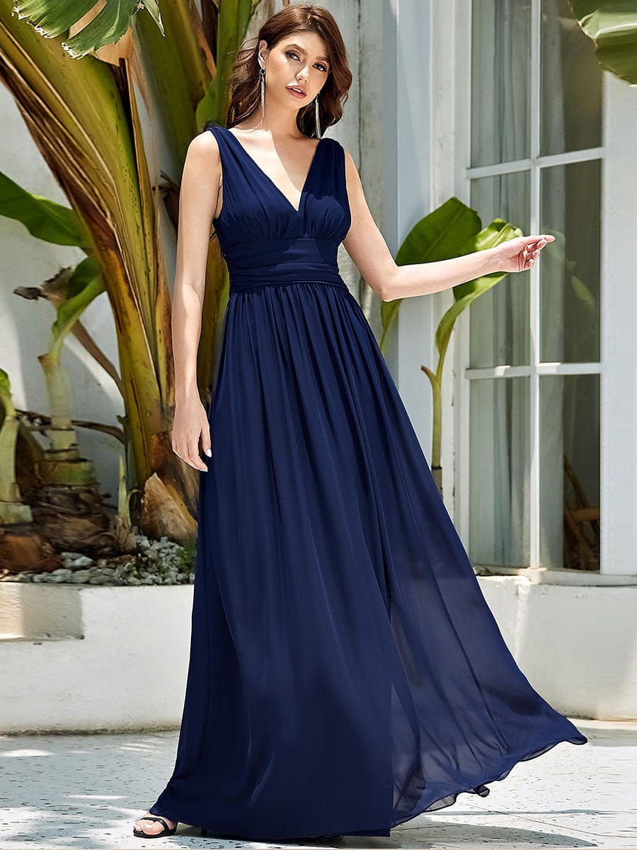 Chiffon Empire Waist Sleeveless Pleated Bridesmaid Dress #color_Navy Blue