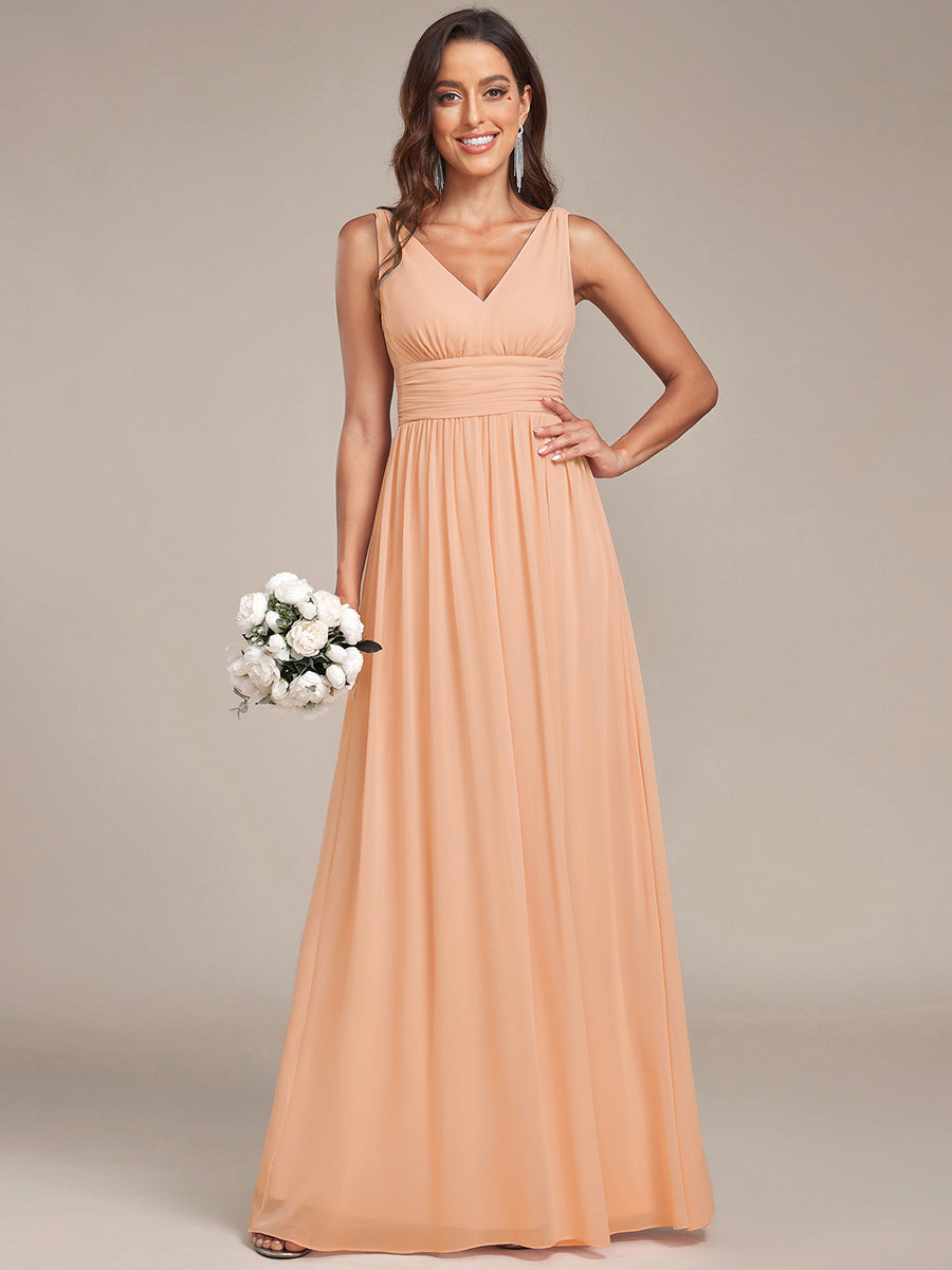 Chiffon Empire Waist Sleeveless Pleated V-neck Bridesmaid Dress #color_Peach