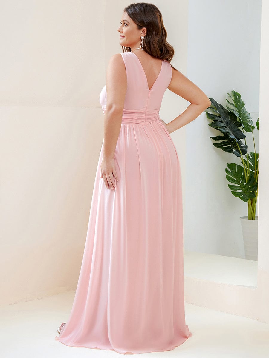 Pleated Sleeveless V-Neck Chiffon Maxi Dress #color_Pink