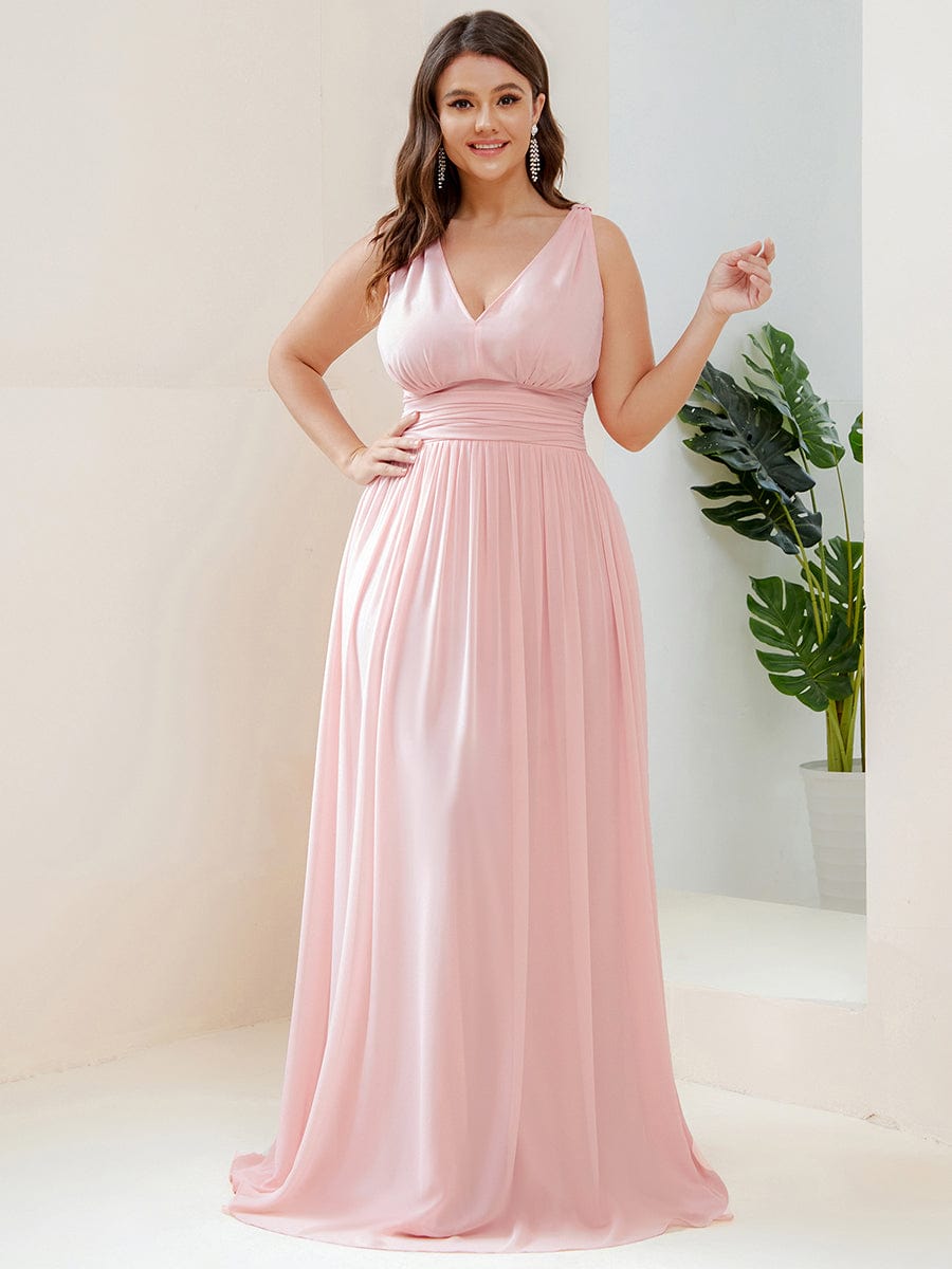 Pleated Sleeveless V-Neck Chiffon Maxi Dress #color_Pink