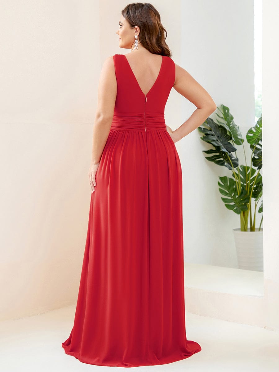 Pleated Sleeveless V-Neck Chiffon Maxi Dress #color_Red