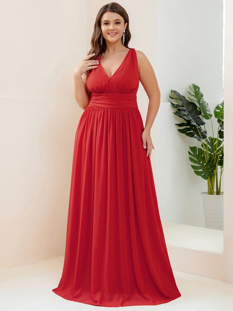 Pleated Sleeveless V-Neck Chiffon Maxi Dress #color_Red