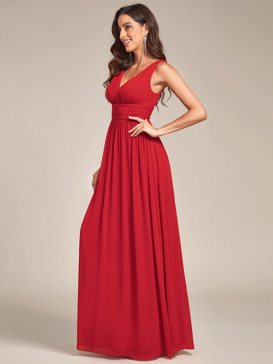 Pleated Sleeveless V-Neck Chiffon Maxi Dress #color_Red