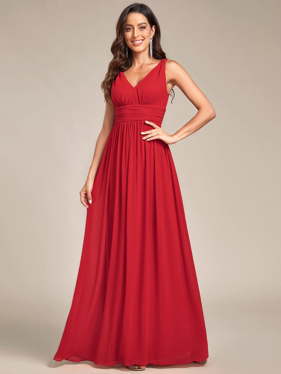 Pleated Sleeveless V-Neck Chiffon Maxi Dress #color_Red