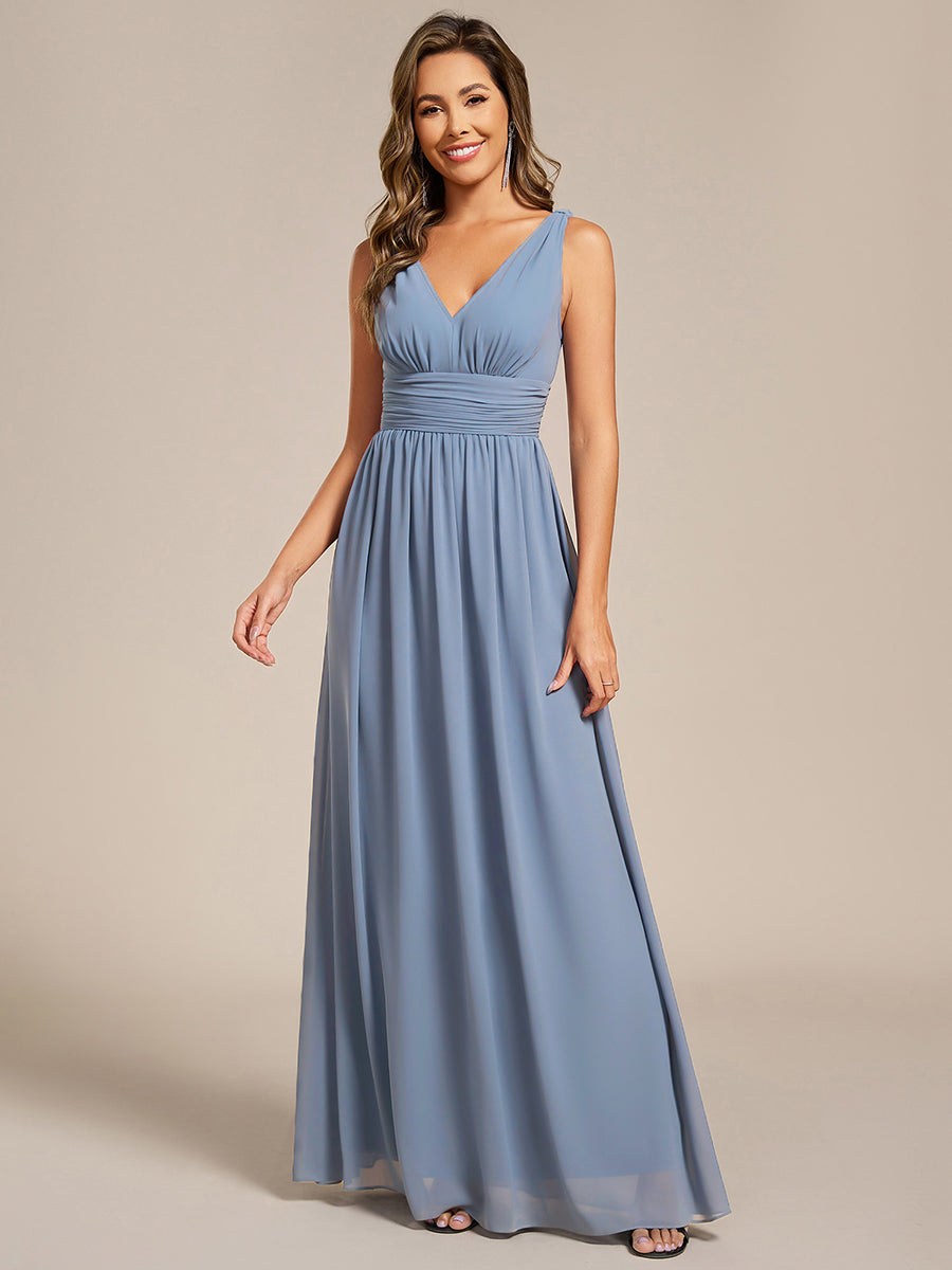 Chiffon Empire Waist Sleeveless Pleated V-neck Bridesmaid Dress #color_Slate Blue