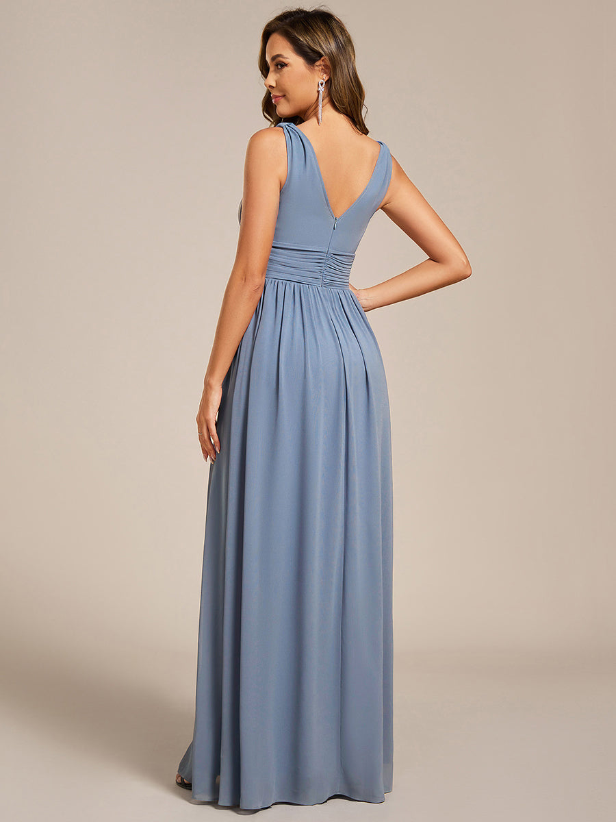 Chiffon Empire Waist Sleeveless Pleated V-neck Bridesmaid Dress #color_Slate Blue