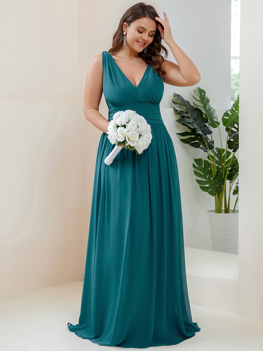 Chiffon Empire Waist Sleeveless Pleated Bridesmaid Dress #color_Teal