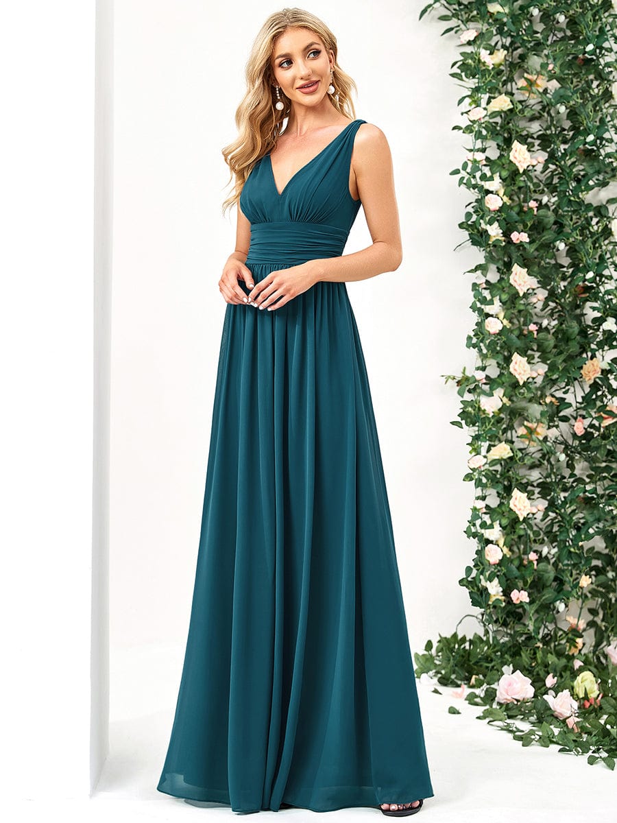 Chiffon Empire Waist Sleeveless Pleated Bridesmaid Dress #color_Teal