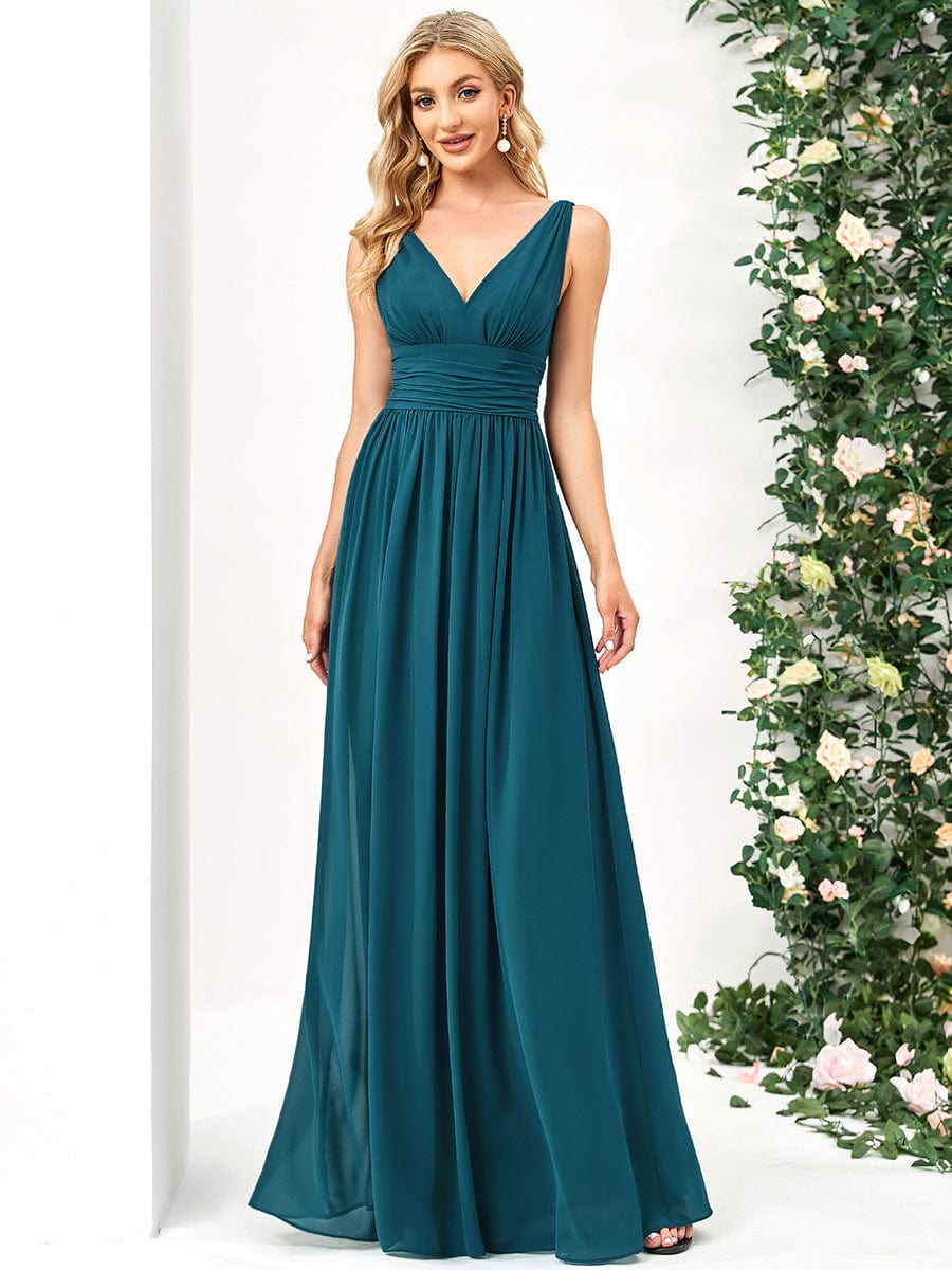 Chiffon Empire Waist Sleeveless Pleated Bridesmaid Dress #color_Teal