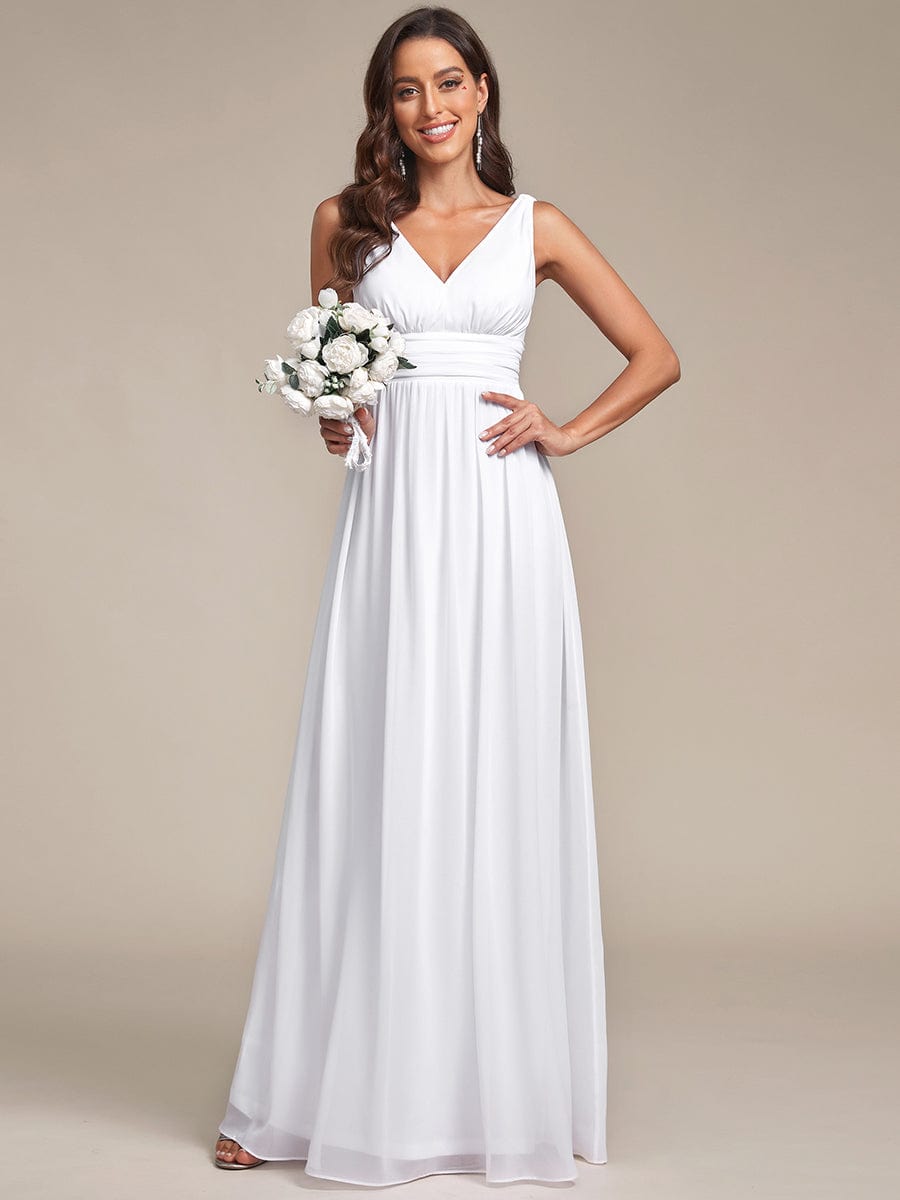 Chiffon Empire Waist Sleeveless Pleated Bridesmaid Dress #color_White