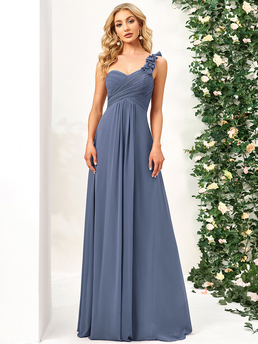 Sweet Pleated Bodice One Shoulder Chiffon Bridesmaid Dress #color_Dusty Blue