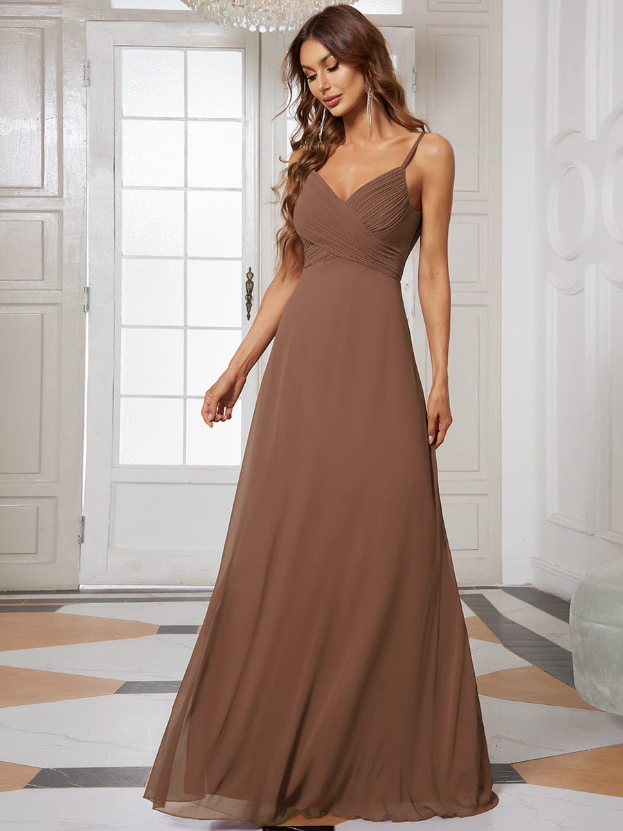 Custom Size Spaghetti Strap Criss-Cross V-Neck Bridesmaid Dress #color_Brown