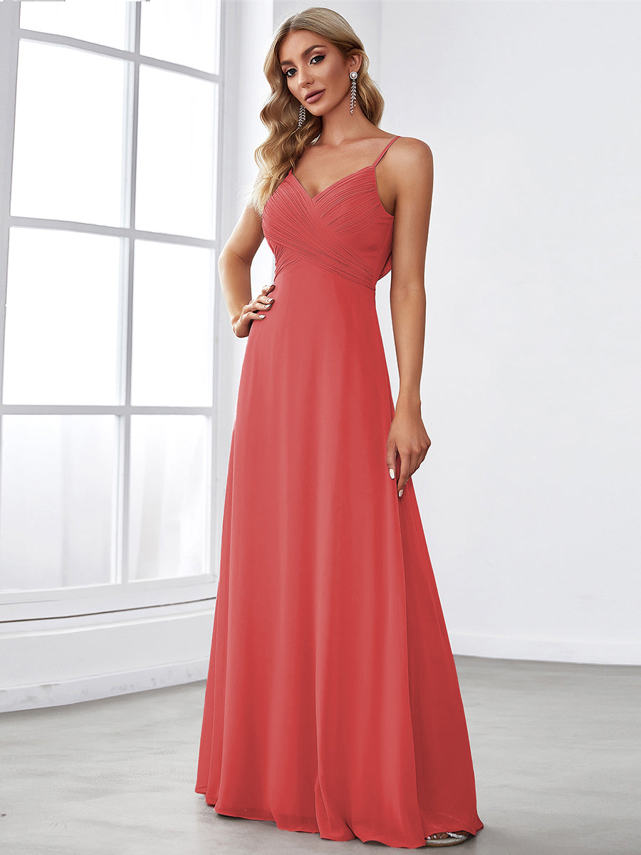 Criss-Cross V-Neck Chiffon Backless A-Line Bridesmaid Dress #color_Coral