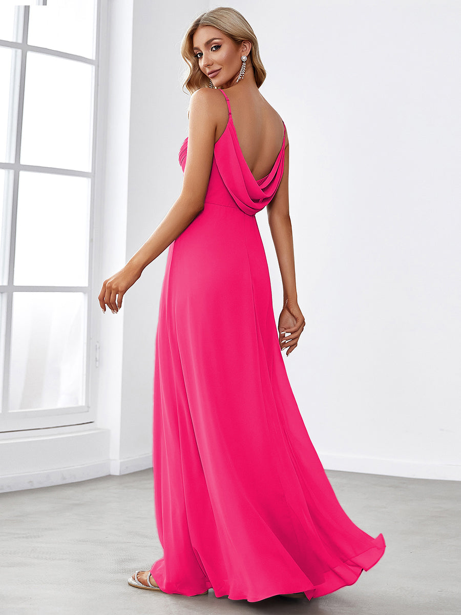 Criss-Cross V-Neck Chiffon Backless A-Line Bridesmaid Dress #color_Hot Pink