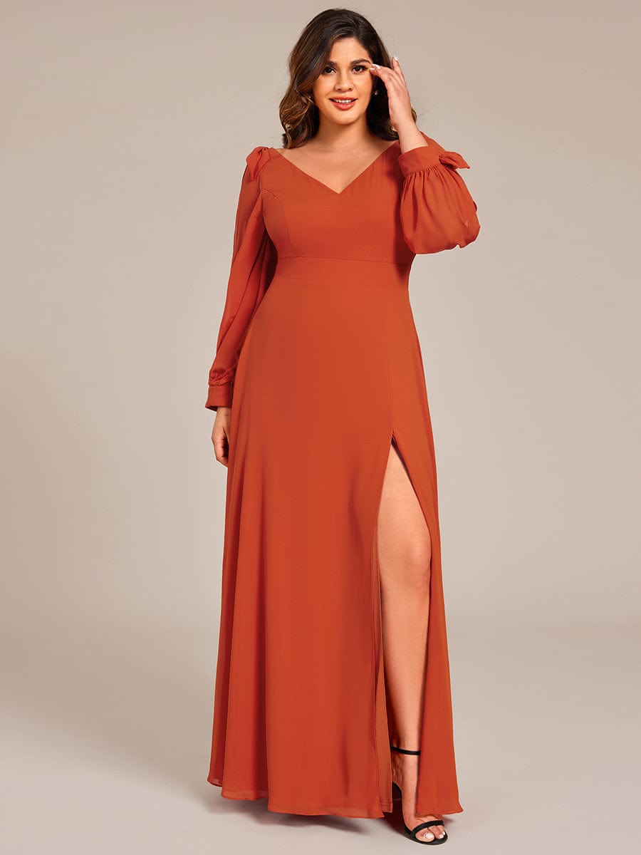 Plus Size Open Lantern Sleeve A-Line Bridesmaid Dress #color_Burnt Orange