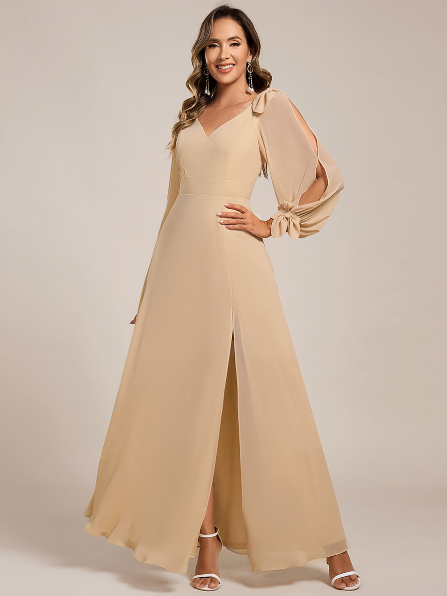 Open Lantern Sleeve A-Line Bridesmaid Dress #color_Champagne