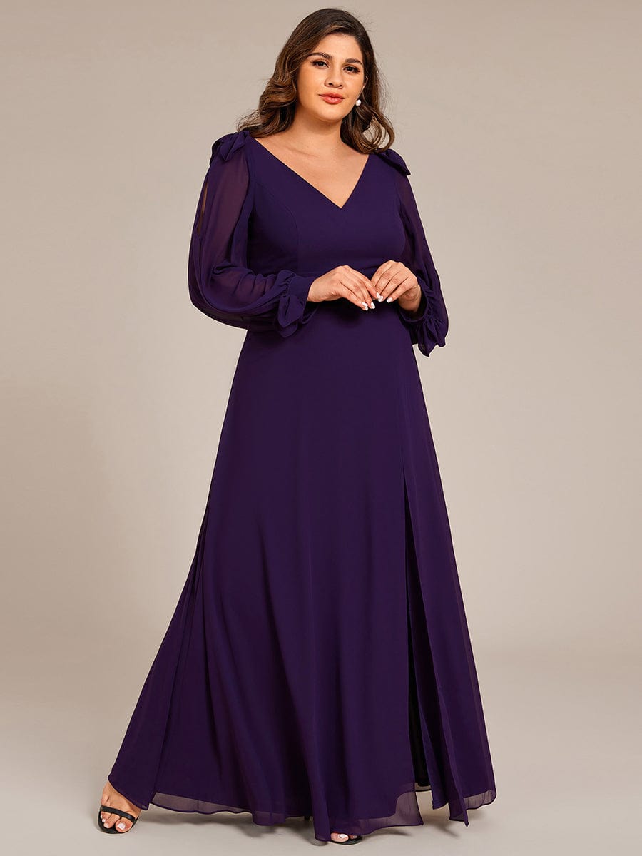 Plus Size Open Lantern Sleeve A-Line Bridesmaid Dress #color_Dark Purple