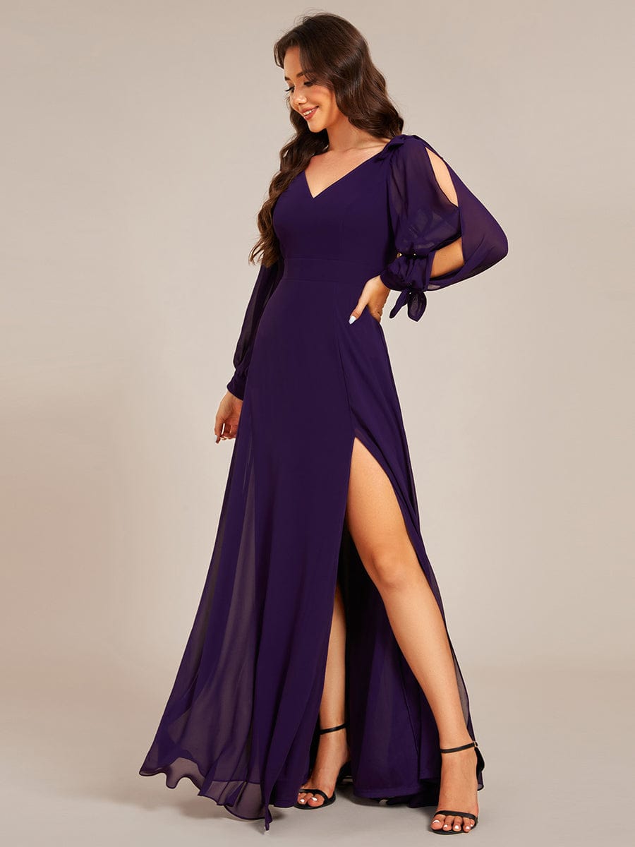 Open Lantern Sleeve A-Line Bridesmaid Dress #color_Dark Purple