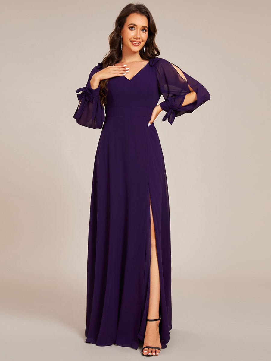 Open Lantern Sleeve A-Line Bridesmaid Dress #color_Dark Purple