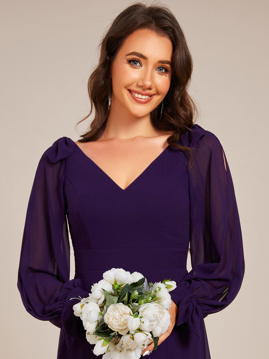 Open Lantern Sleeve A-Line Bridesmaid Dress #color_Dark Purple