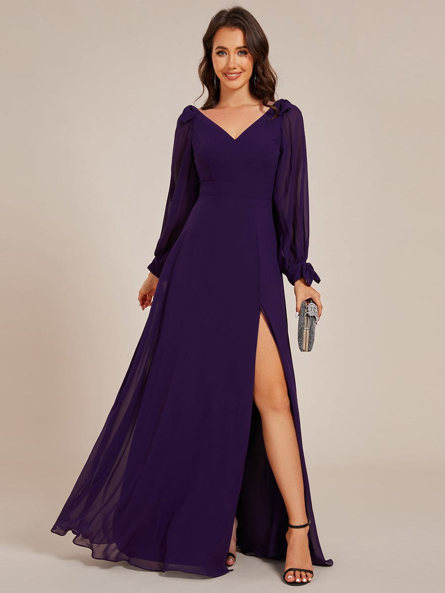 Open Lantern Sleeve A-Line Bridesmaid Dress #color_Dark Purple