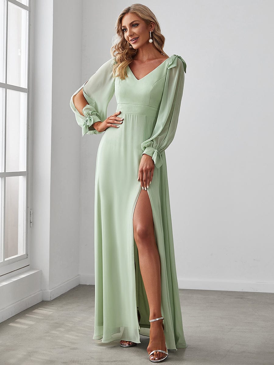 Open Lantern Sleeve A-Line Bridesmaid Dress #color_Mint Green