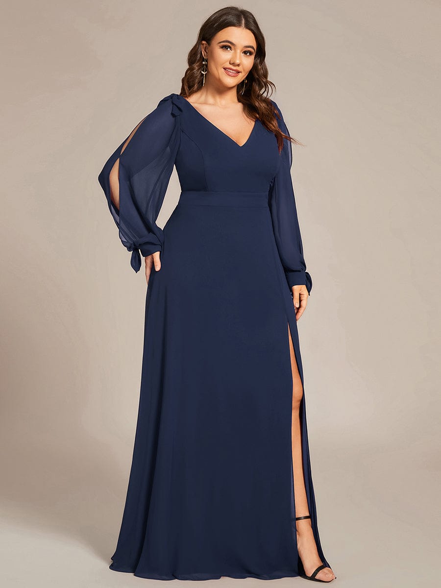 Open Lantern Sleeve A-Line Bridesmaid Dress #color_Navy Blue