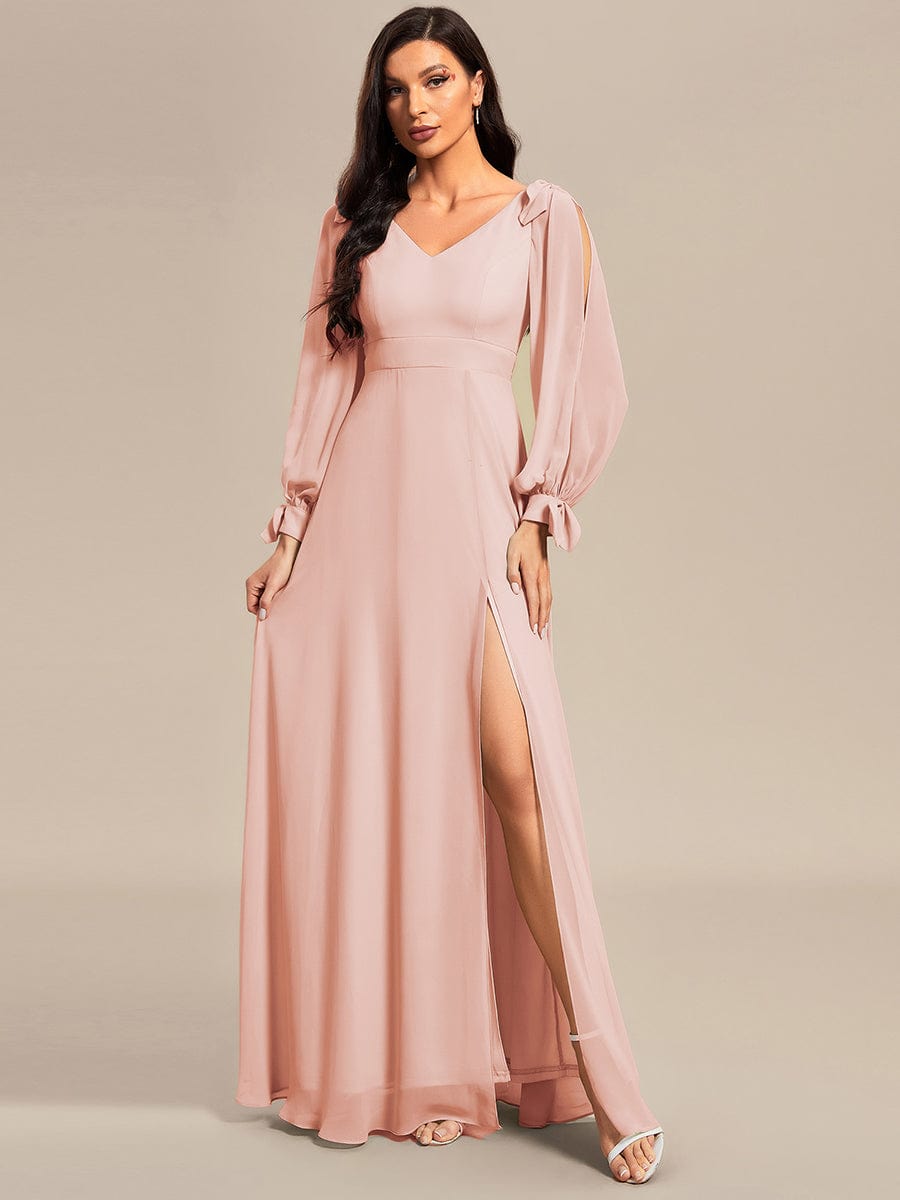 Open Lantern Sleeve A-Line Bridesmaid Dress #color_Pink