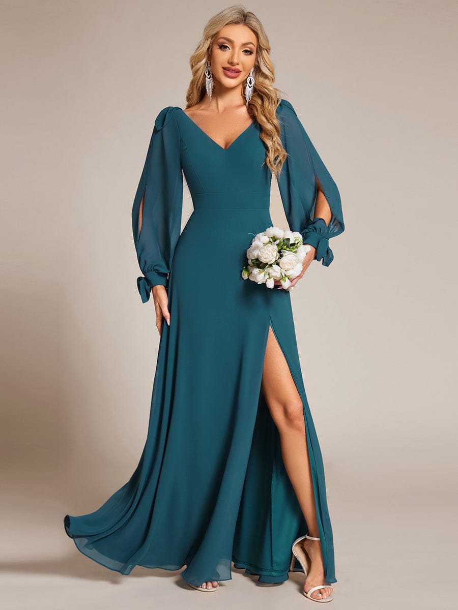 Open Lantern Sleeve A-Line Bridesmaid Dress #color_Teal