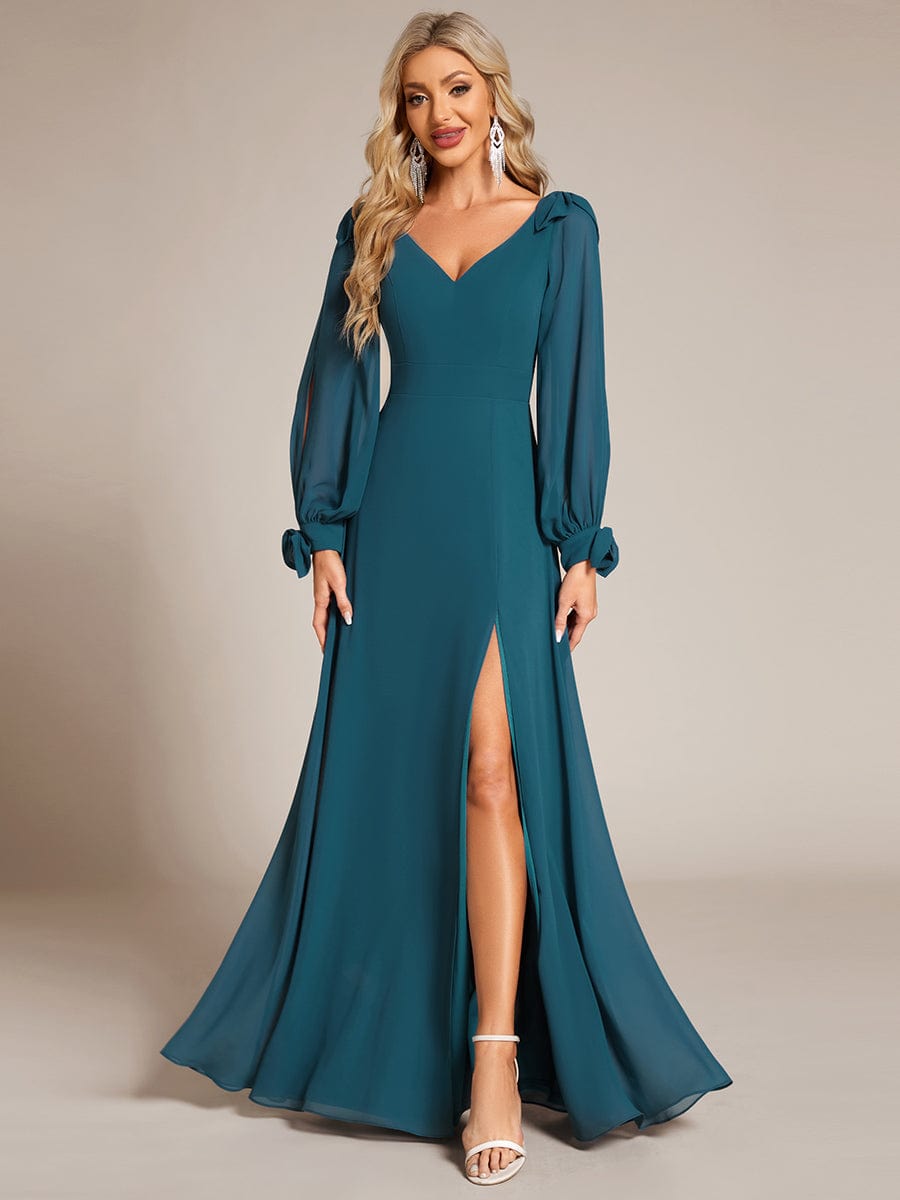 Open Lantern Sleeve A-Line Bridesmaid Dress #color_Teal