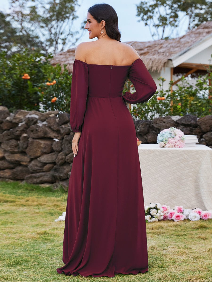 Plus Size High-Slit Waist Pleated Bridesmaid Dress with Long Sleeves #color_Burgundy