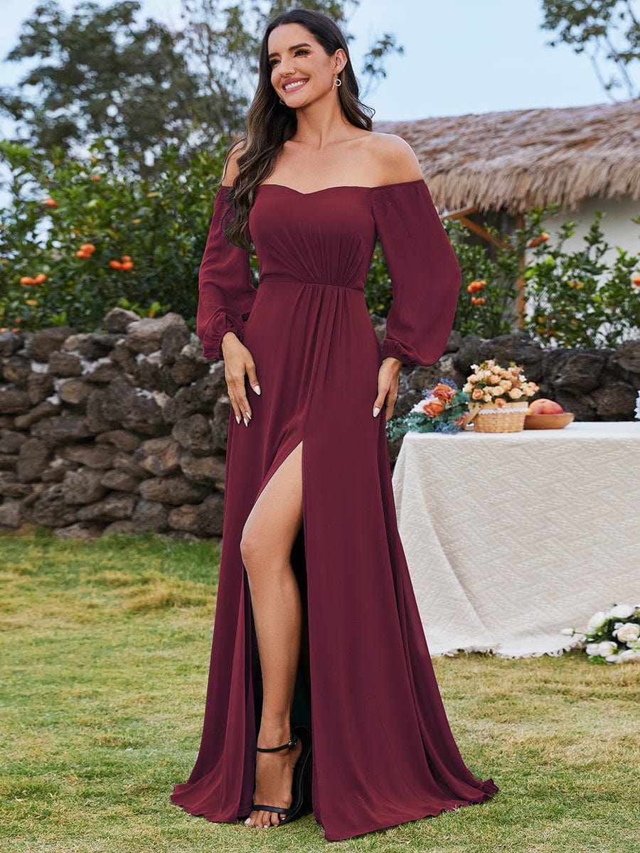 Plus Size High-Slit Waist Pleated Bridesmaid Dress with Long Sleeves #color_Burgundy