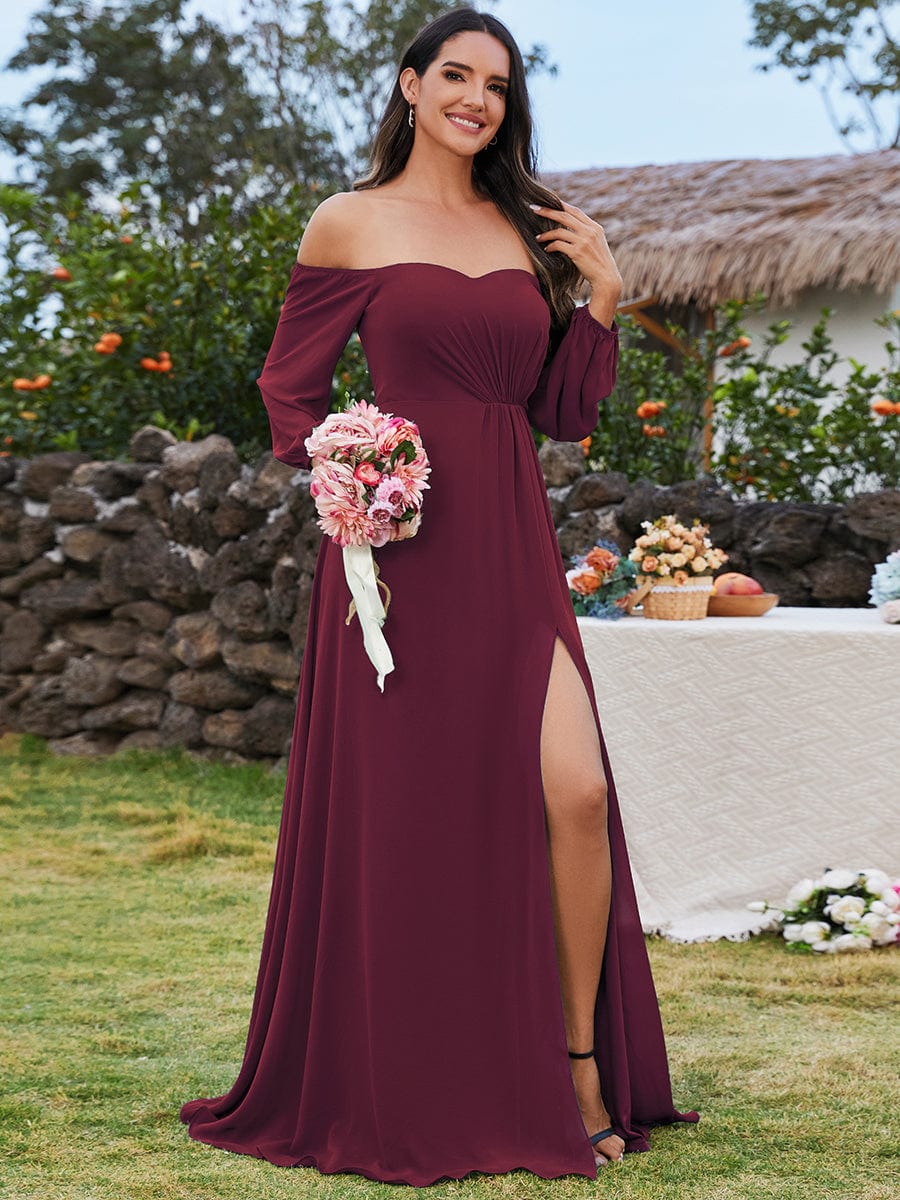 Plus Size High-Slit Waist Pleated Bridesmaid Dress with Long Sleeves #color_Burgundy