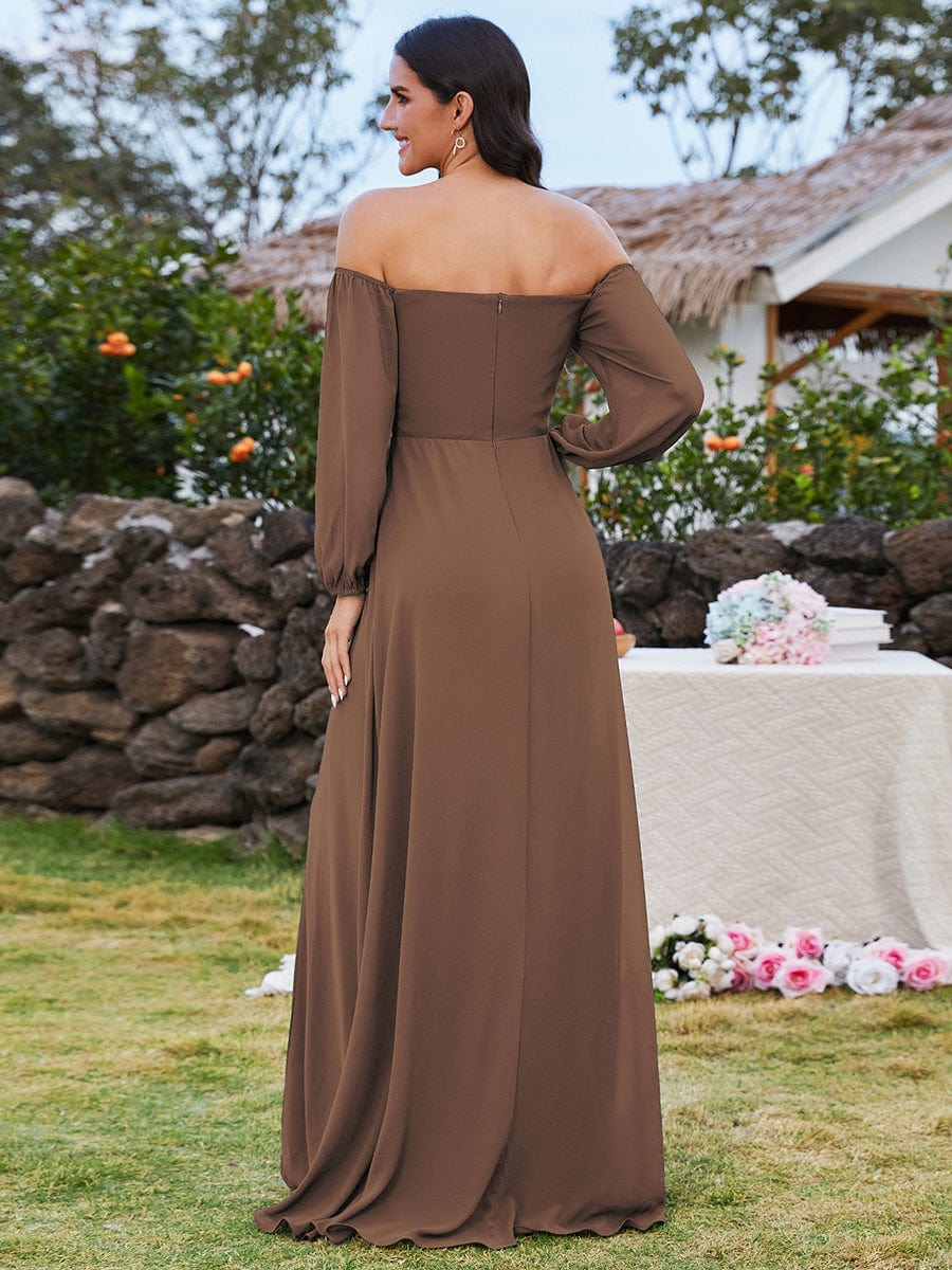 Custom Size High-Slit Waist Pleated Off Shoulder Chiffon Bridesmaid Dress with Long Sleeves #color_Brown