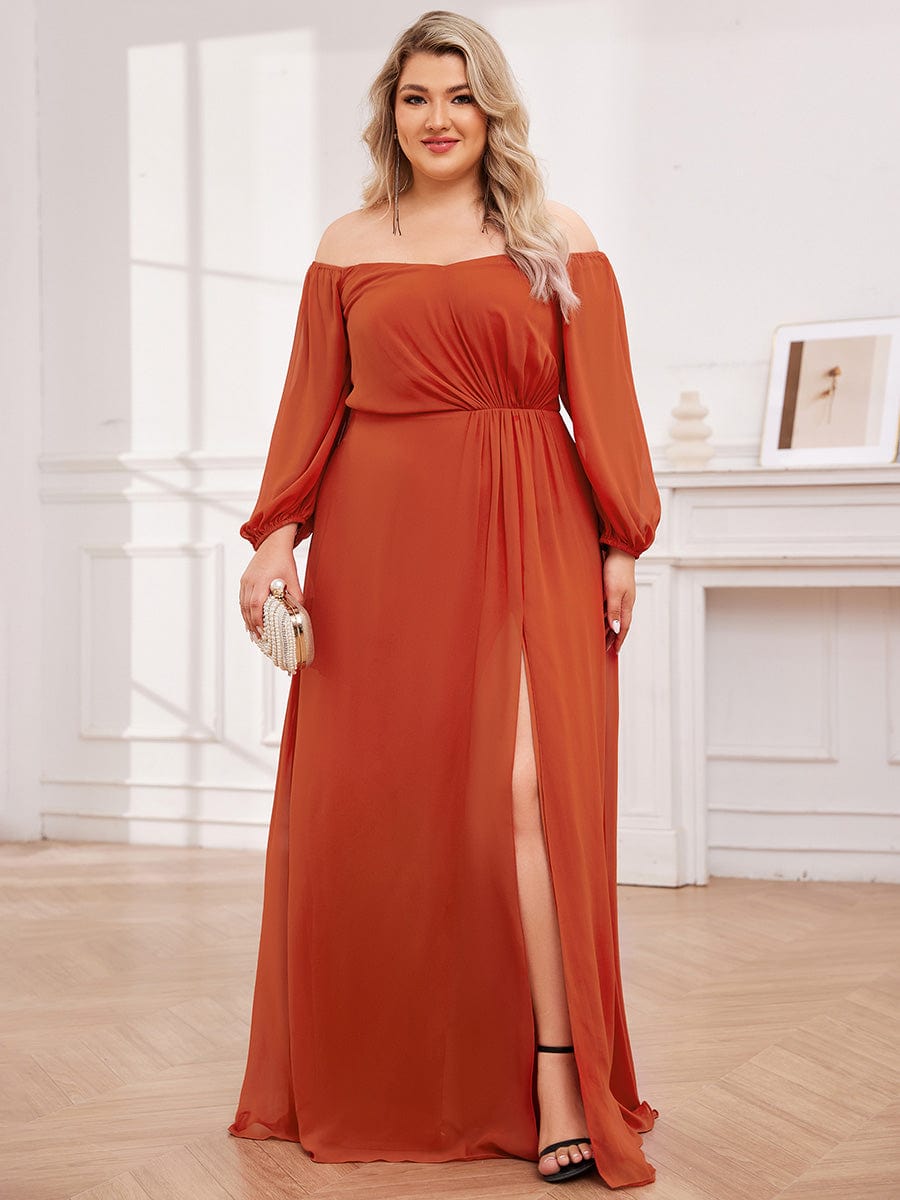 Plus Size High-Slit Waist Pleated Bridesmaid Dress with Long Sleeves #color_Burnt Orange