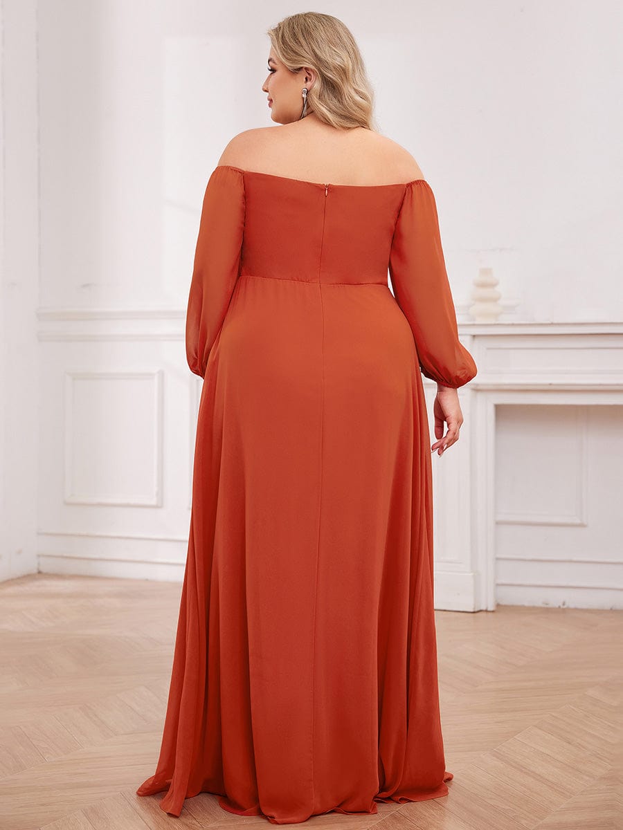 Plus Size High-Slit Waist Pleated Bridesmaid Dress with Long Sleeves #color_Burnt Orange
