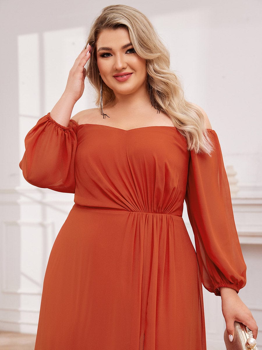 Plus Size High-Slit Waist Pleated Bridesmaid Dress with Long Sleeves #color_Burnt Orange