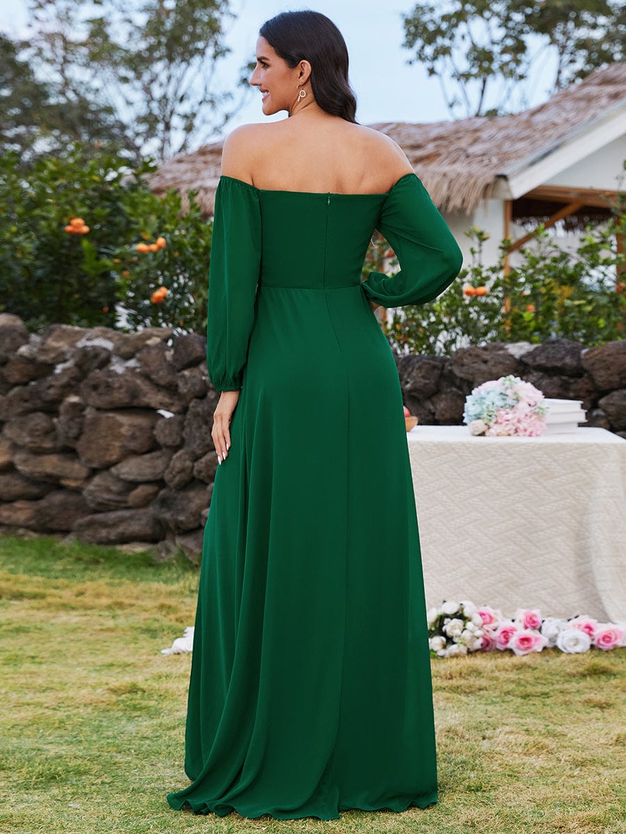 Plus Size High-Slit Waist Pleated Bridesmaid Dress with Long Sleeves #color_Dark Green