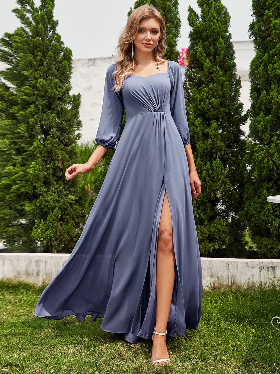 High-Slit Waist Pleated Off Shoulder Chiffon Bridesmaid Dress with Long Sleeves #color_Dusty Blue