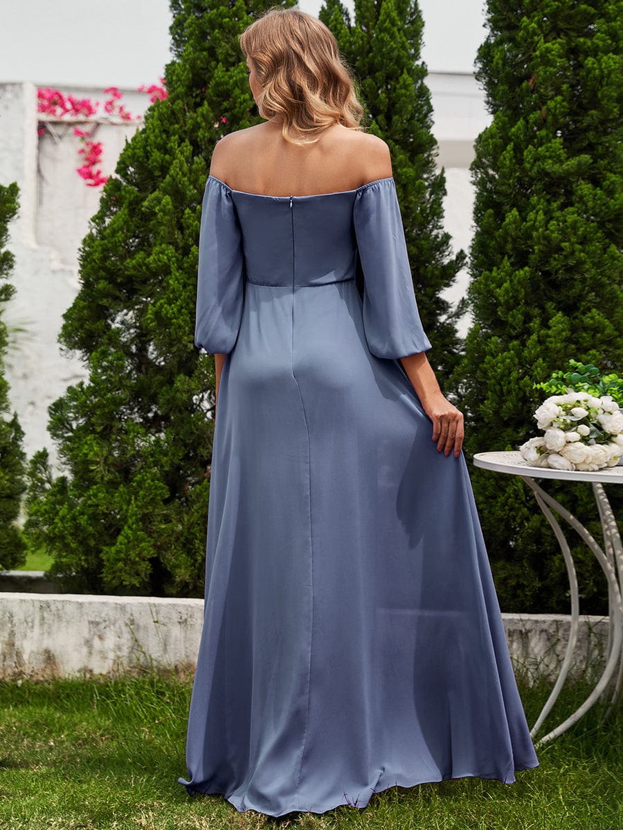 Plus Size High-Slit Waist Pleated Bridesmaid Dress with Long Sleeves #color_Dusty Blue