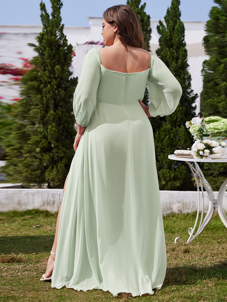 Plus Size High-Slit Waist Pleated Bridesmaid Dress with Long Sleeves #color_Mint Green