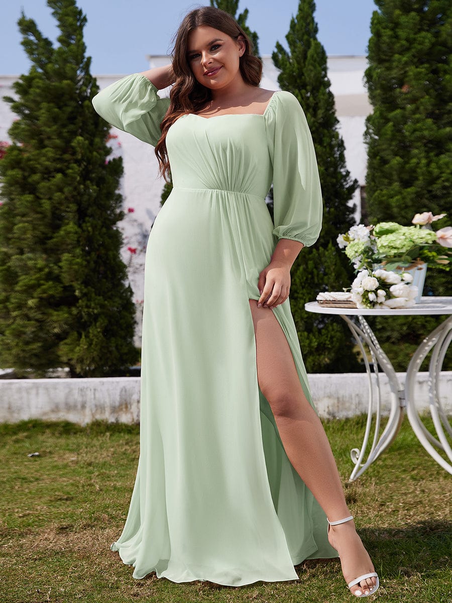 Plus Size High-Slit Waist Pleated Bridesmaid Dress with Long Sleeves #color_Mint Green