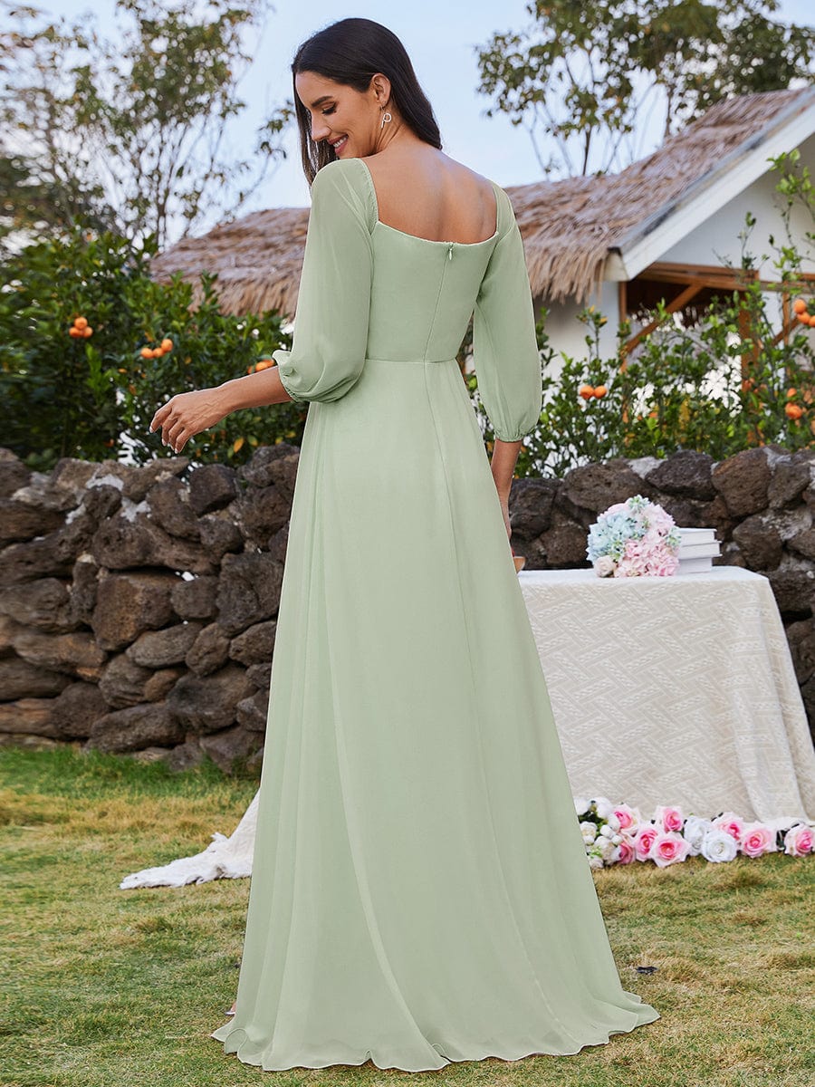 High-Slit Waist Pleated Off Shoulder Chiffon Bridesmaid Dress with Long Sleeves #color_Mint Green